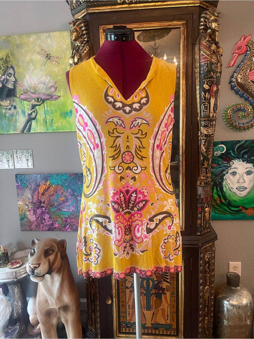 NYC Yellow Paisley-Print Sleeveless Tunic with Pink Accents